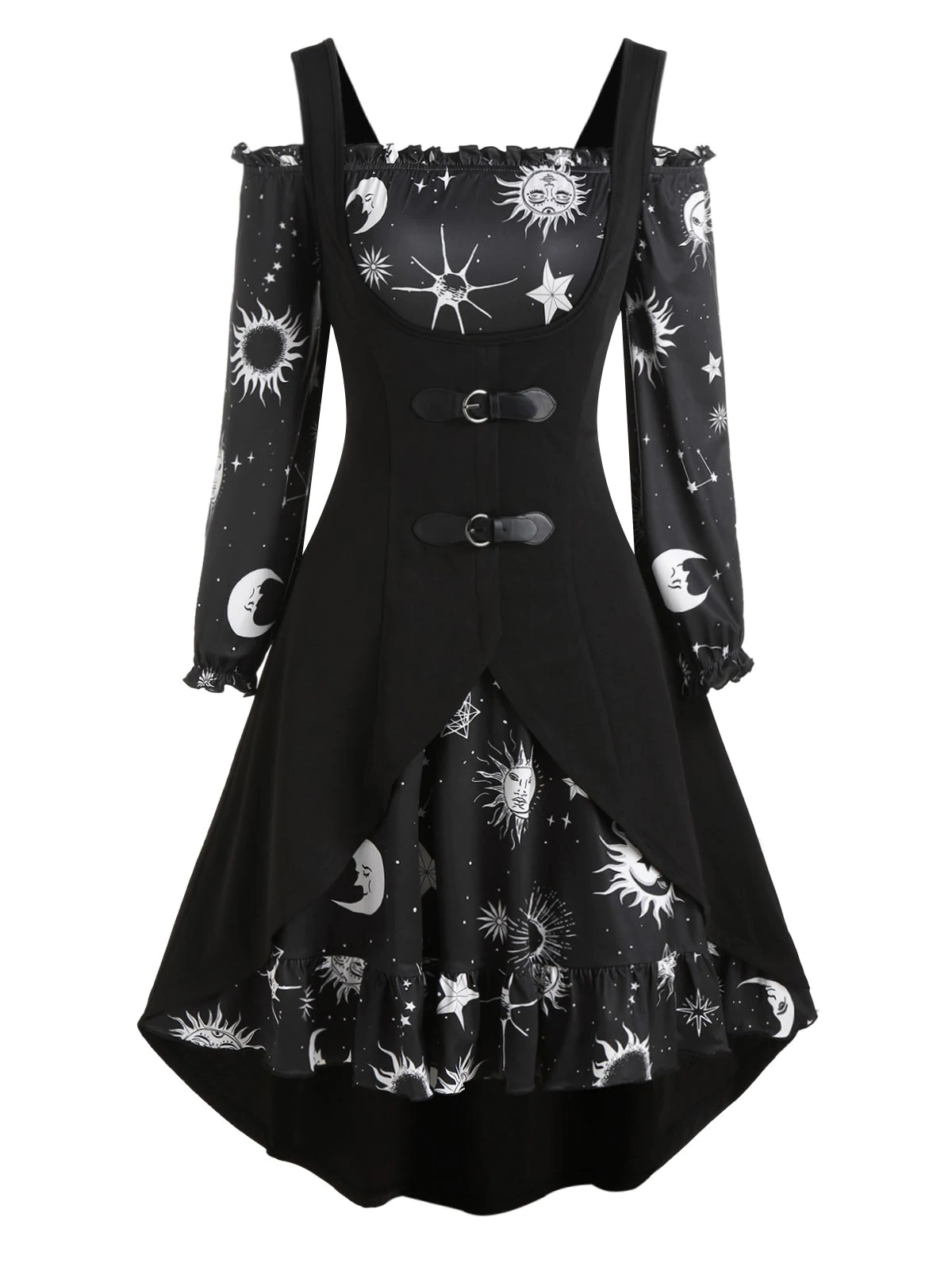 Sun Moon Star Print Dress and Buckle High Low Vest